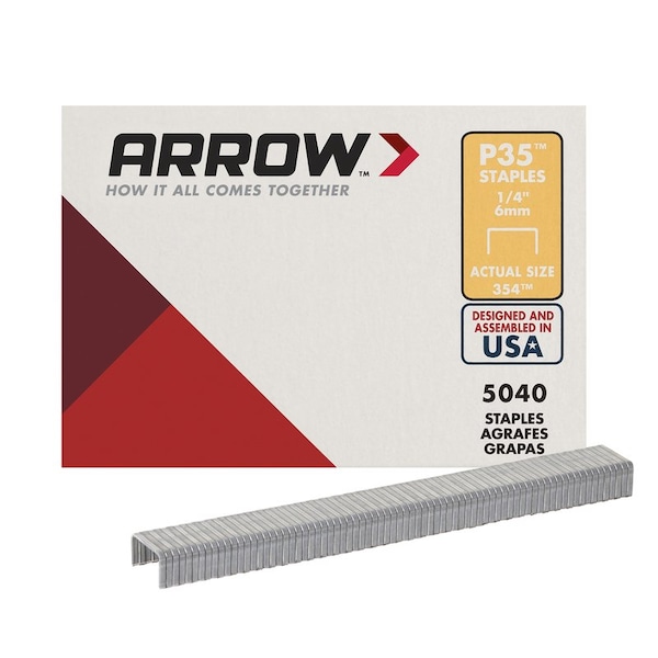 Arrow Fastener Heavy Duty Staples, P35, 25 ga, Flat Crown, 1/4 in Leg L, Steel, 5000 PK 354 - main